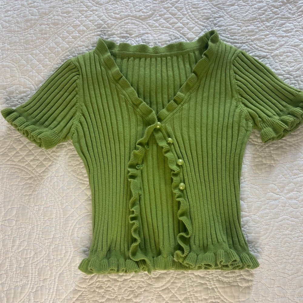 green ruffle edge cardigan top